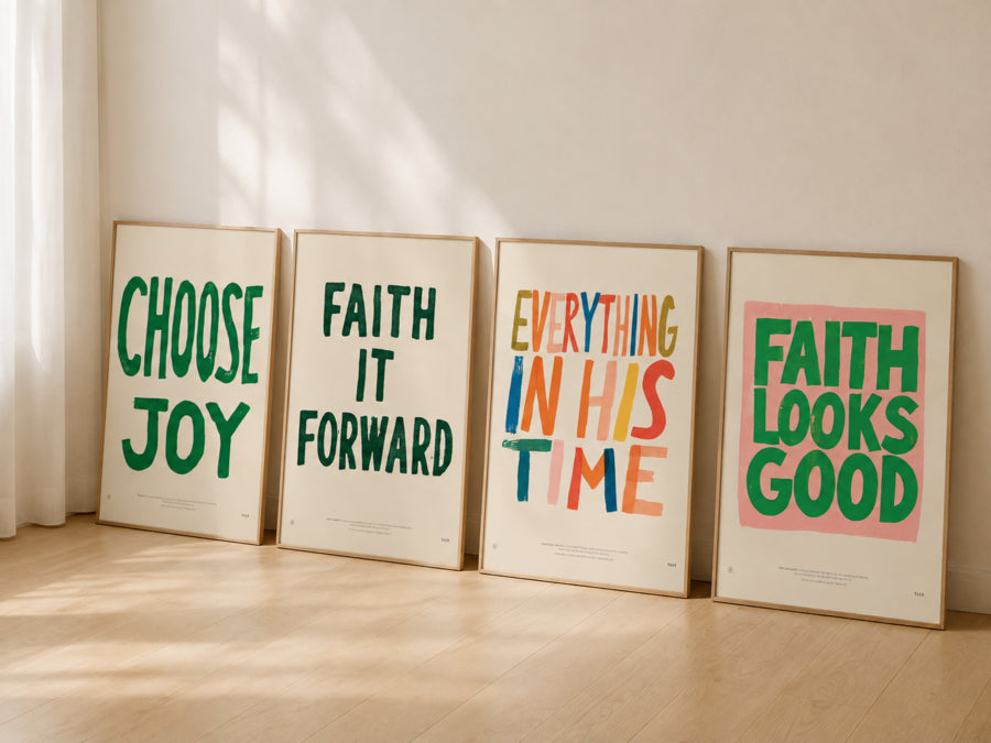 Faith It Forward Christian poster displayed with three separately sold faith poster designs in a warm sunlit room