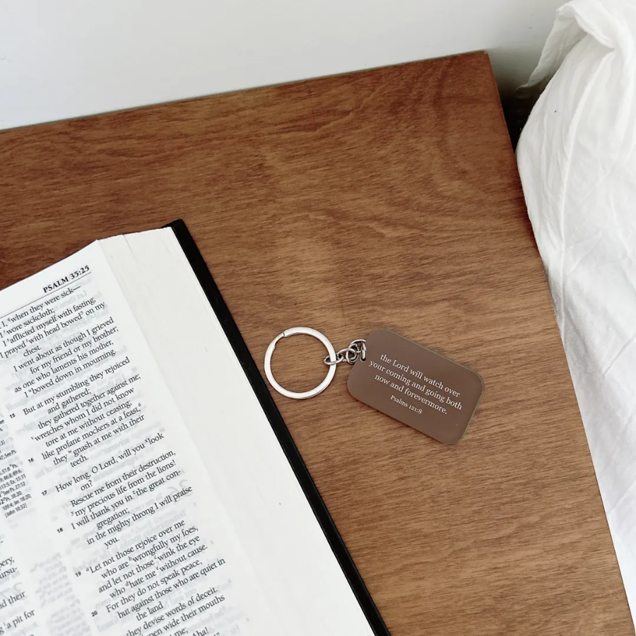 Acrylic keychain with Bible verse from Psalm 121:8 – The Lord will watch over your coming and going