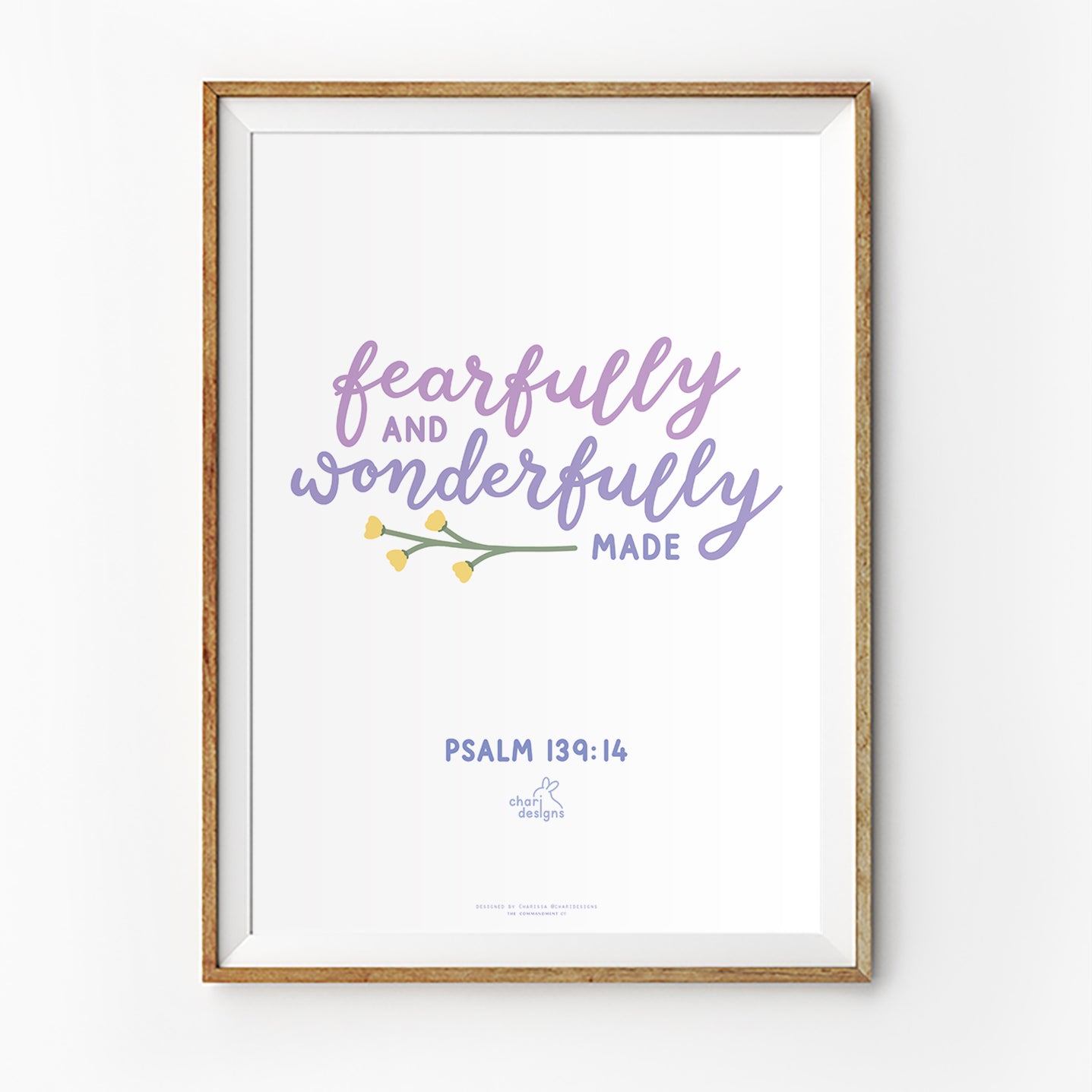 Fearfully and Wonderfully Made Psalm 139:14 Christian wall art print in soft purple typography with floral illustration, minimalist nursery faith decor, collaboration with Chari Designs.