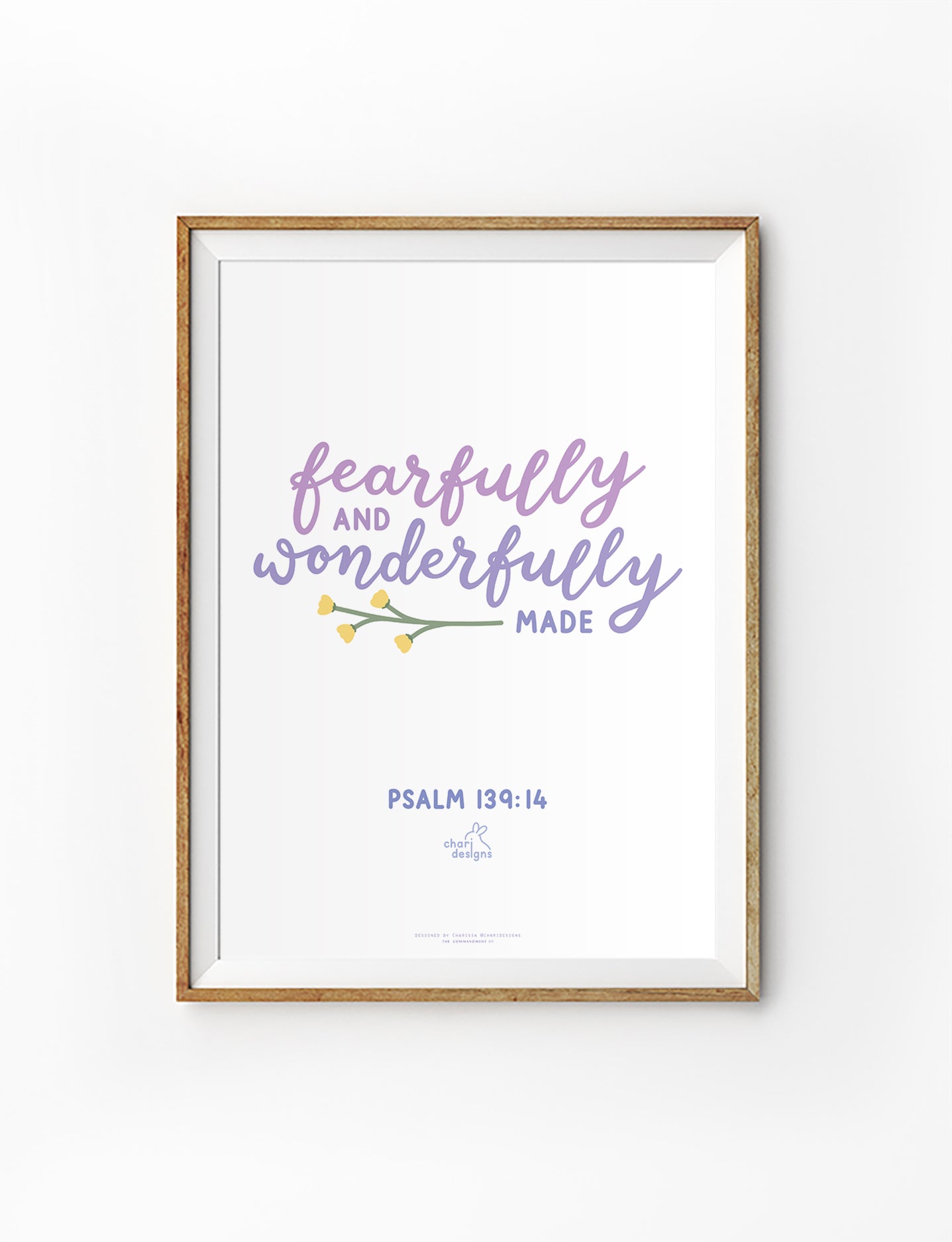 Fearfully and Wonderfully Made Psalm 139:14 Christian wall art print in soft purple typography with floral illustration, minimalist nursery faith decor, collaboration with Chari Designs.