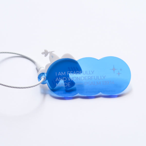 Translucent blue cloud and white dove keychain featuring “I am fearfully and wonderfully made” from Psalm 139:14.