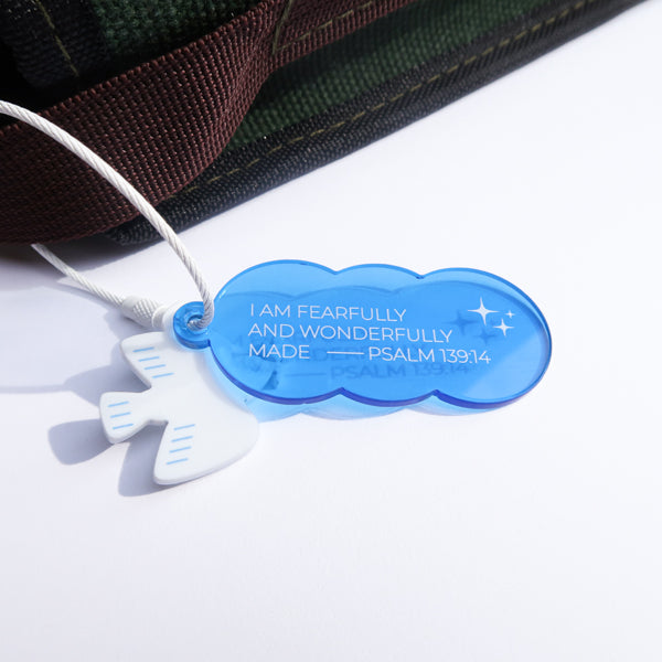 Blue cloud and white dove Christian keychain featuring “I am fearfully and wonderfully made” from Psalm 139:14.