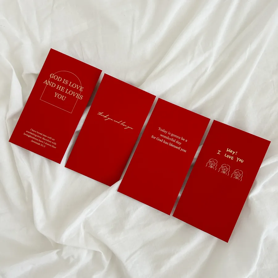 Collection of festive red packets in four unique designs, perfect for sharing blessings during special occasions.