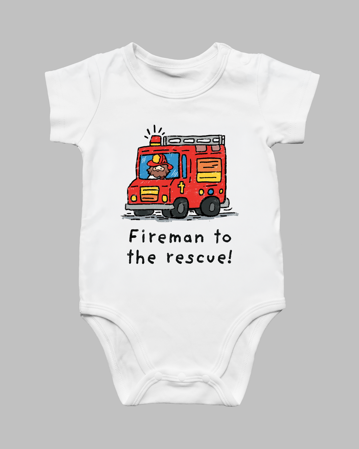Firemen to the Rescue Christian baby romper product photo