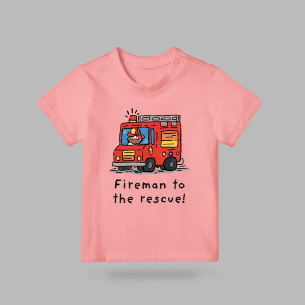 Pink kids’ T-shirt featuring a colourful red fire engine and Fireman to the Rescue design