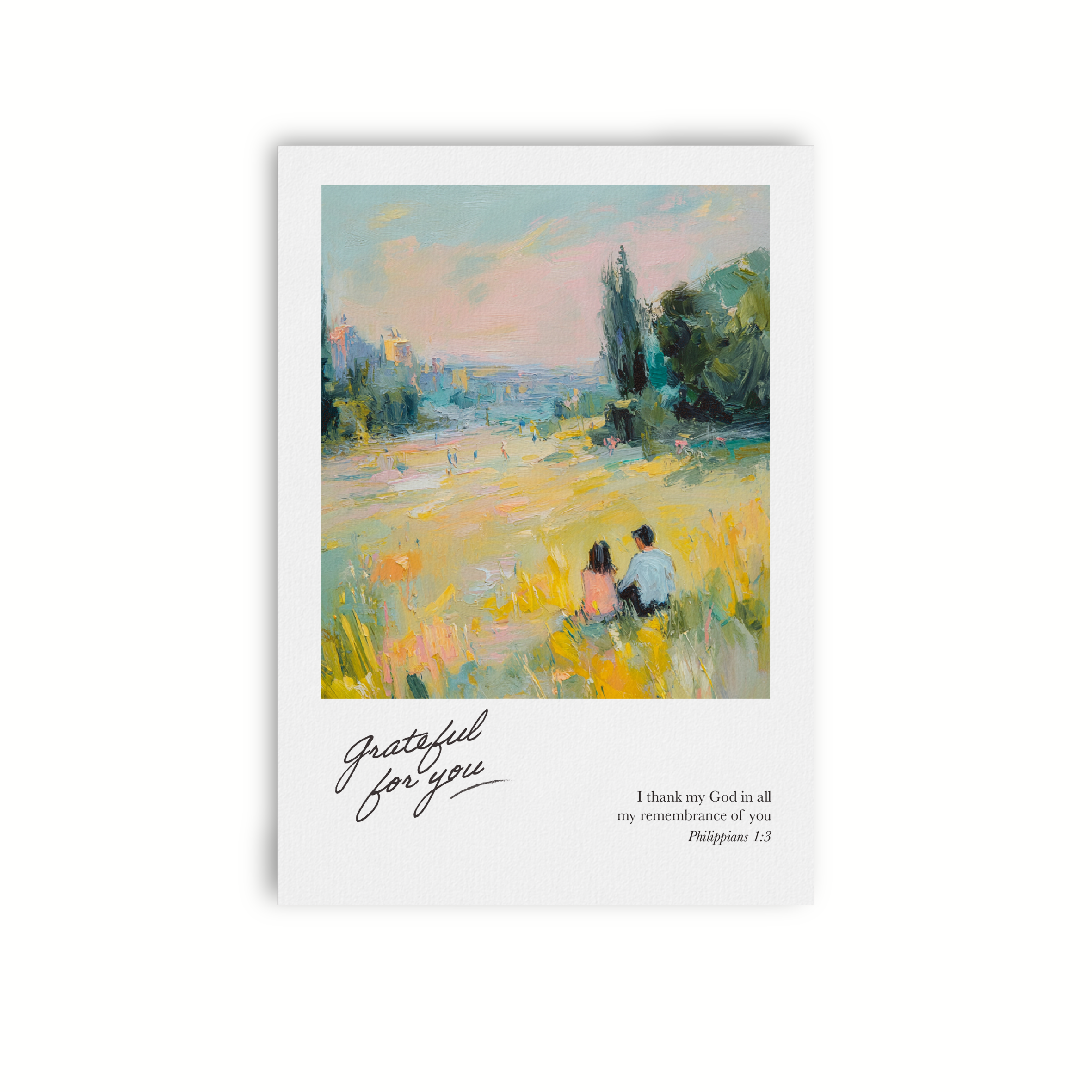 Christian thank-you card with impressionist landscape artwork and the phrase “Grateful for You” inspired by Philippians 1:3.