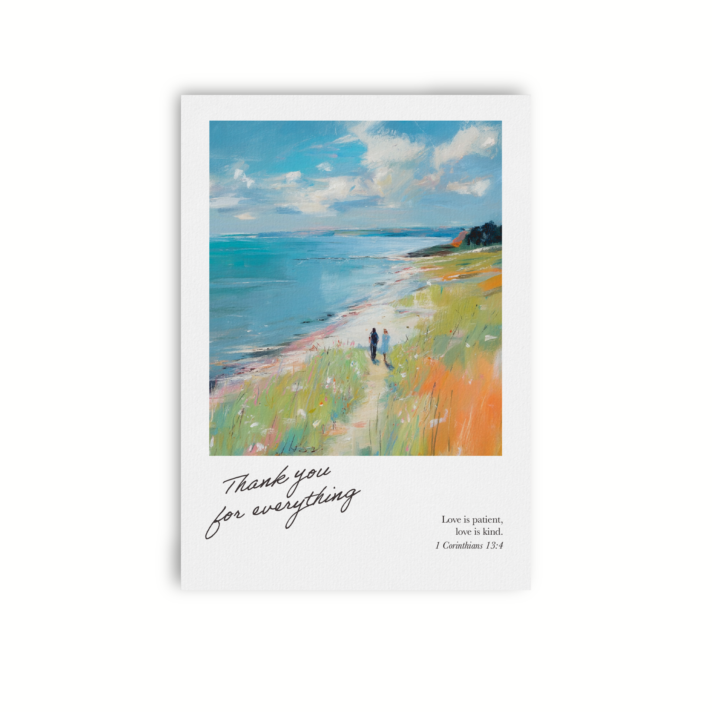 Christian love and gratitude card featuring coastal artwork and the phrase “Thank You for Everything” inspired by 1 Corinthians 13:4.