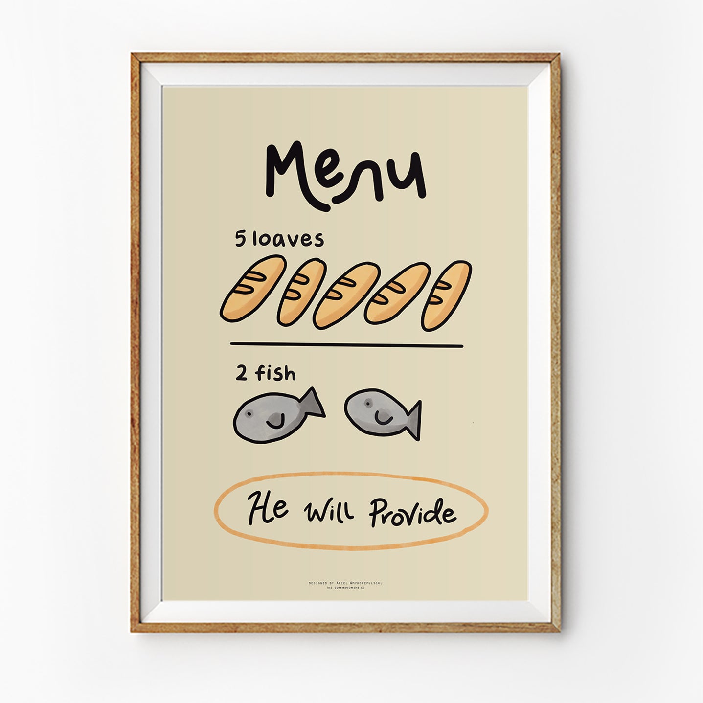 Christian art print featuring five loaves and two fish illustration with the phrase “He Will Provide,” inspired by Matthew 14, collaboration with myhopefulsoul.