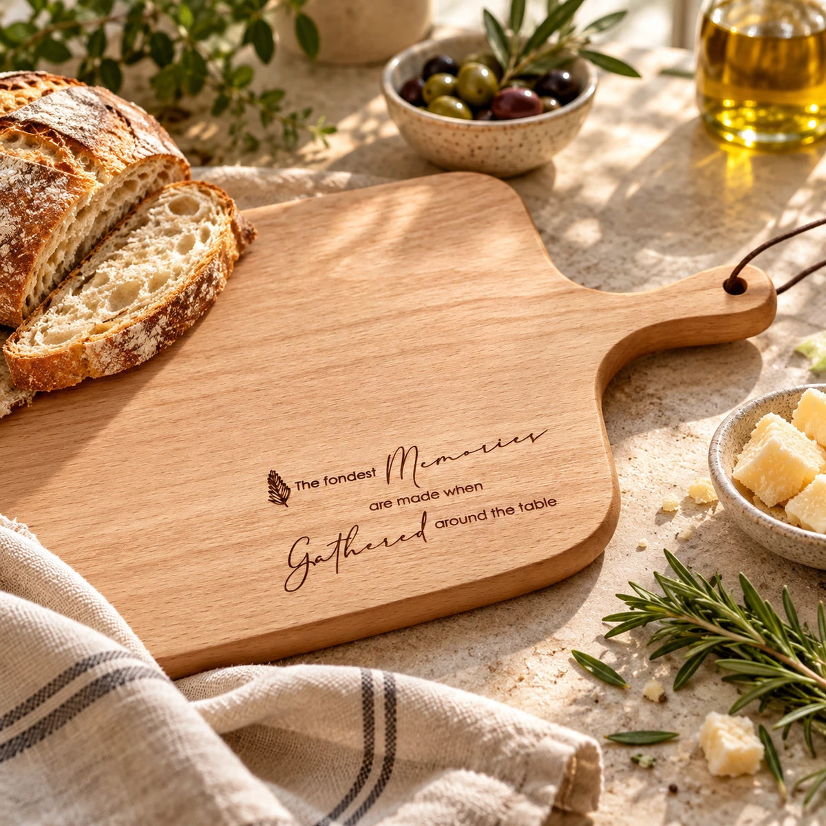 Fondest Memories wooden serving board styled with bread, olives and kitchen essentials in warm natural light.