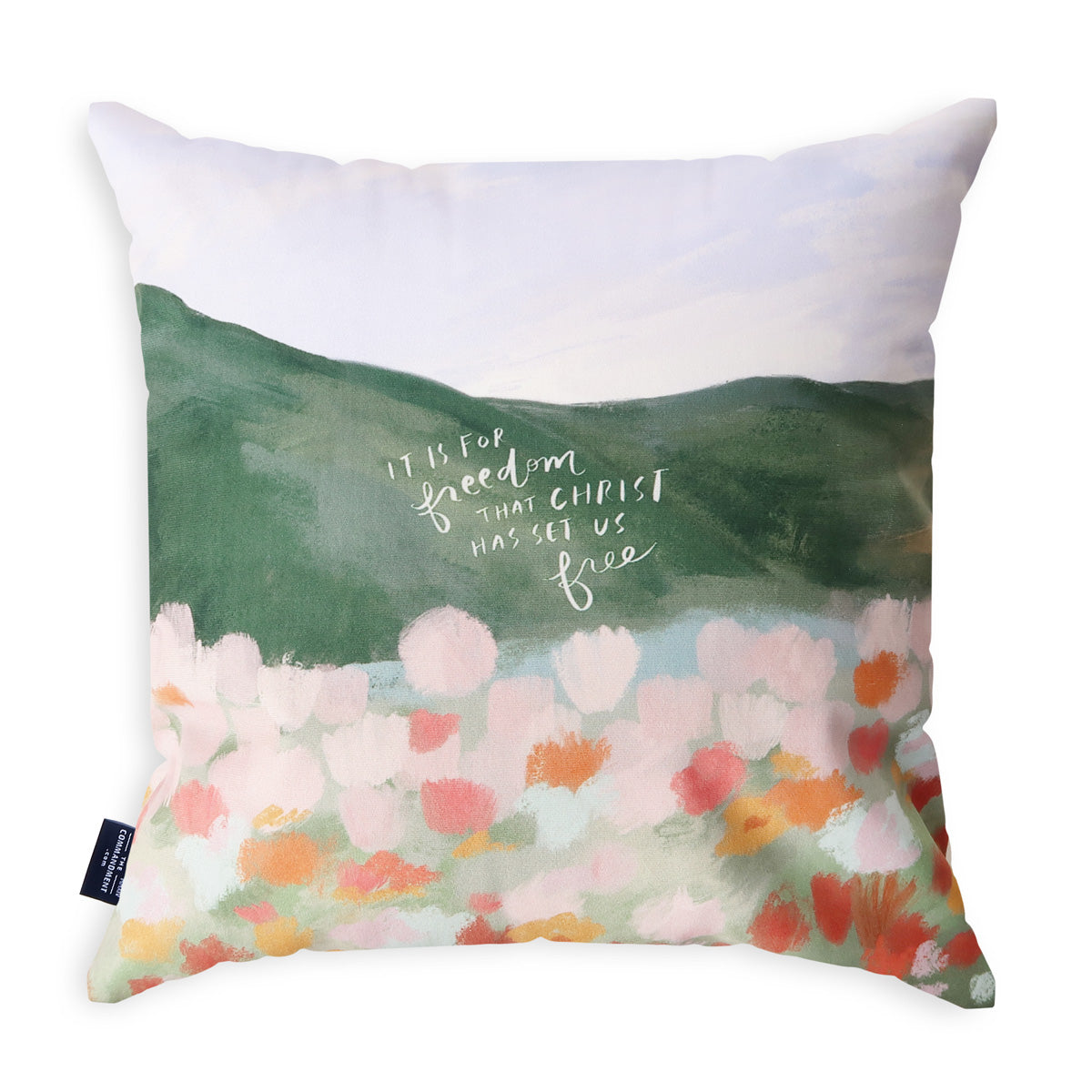Decorative throw pillow featuring the text 'It is for freedom that Christ has set us free' with a floral and mountain design, perfect for Christian faith-based home decor.