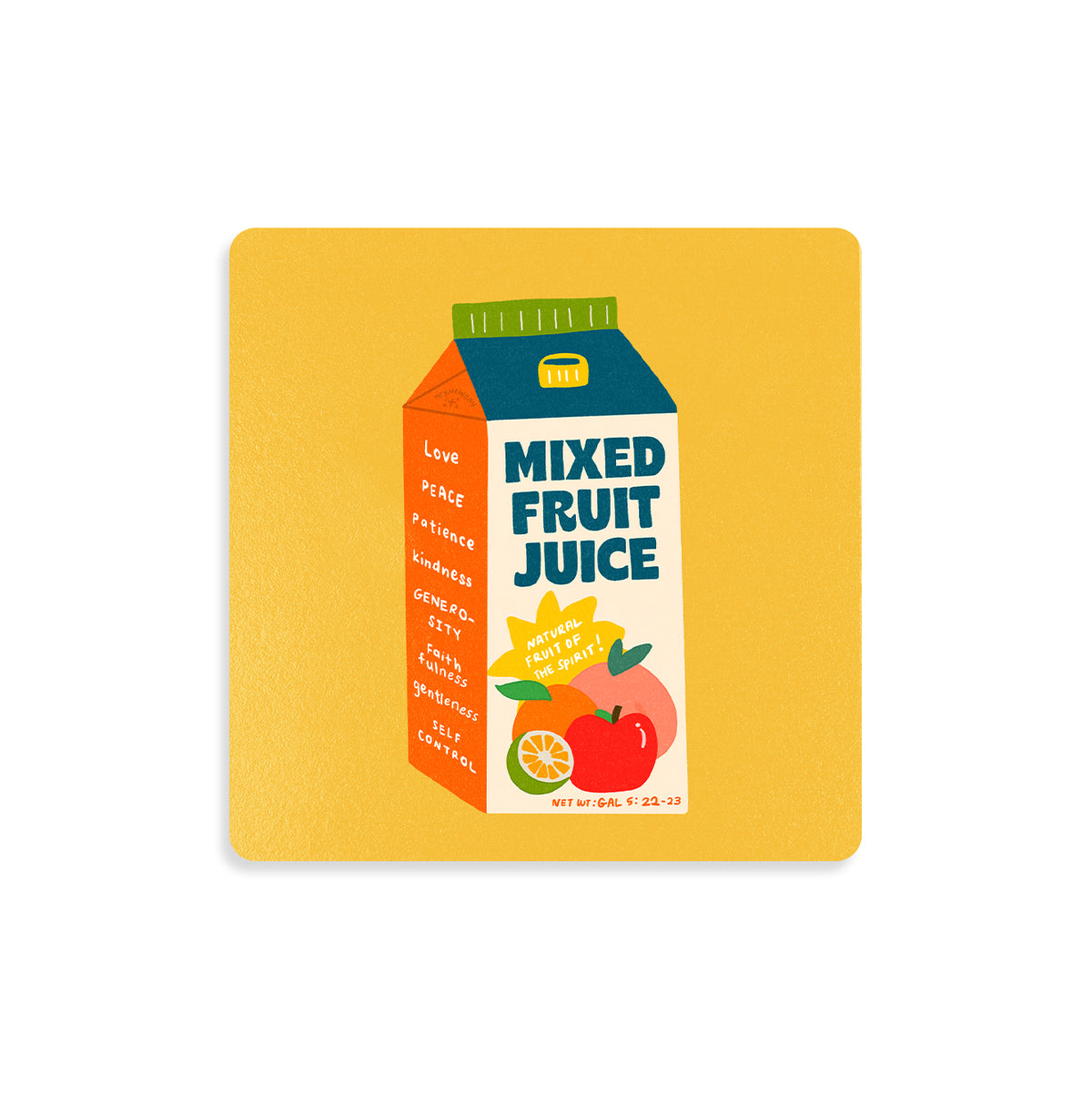 Fruit Juice of the Spirit Christian wooden coaster inspired by Galatians 5:22–23.