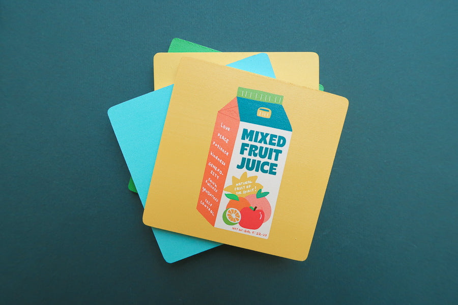 Colourful Love Supermarket Christian coaster collection including Fruit Juice of the Spirit.