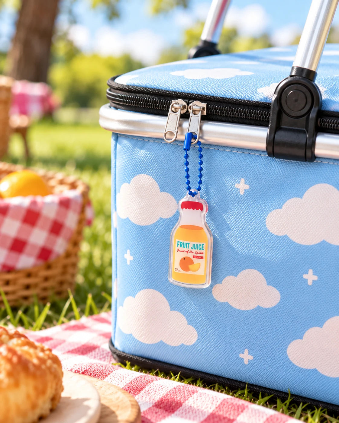 Fruit of the Spirit orange juice bottle acrylic keychain with blue bead chain on a cloud-patterned picnic cooler.