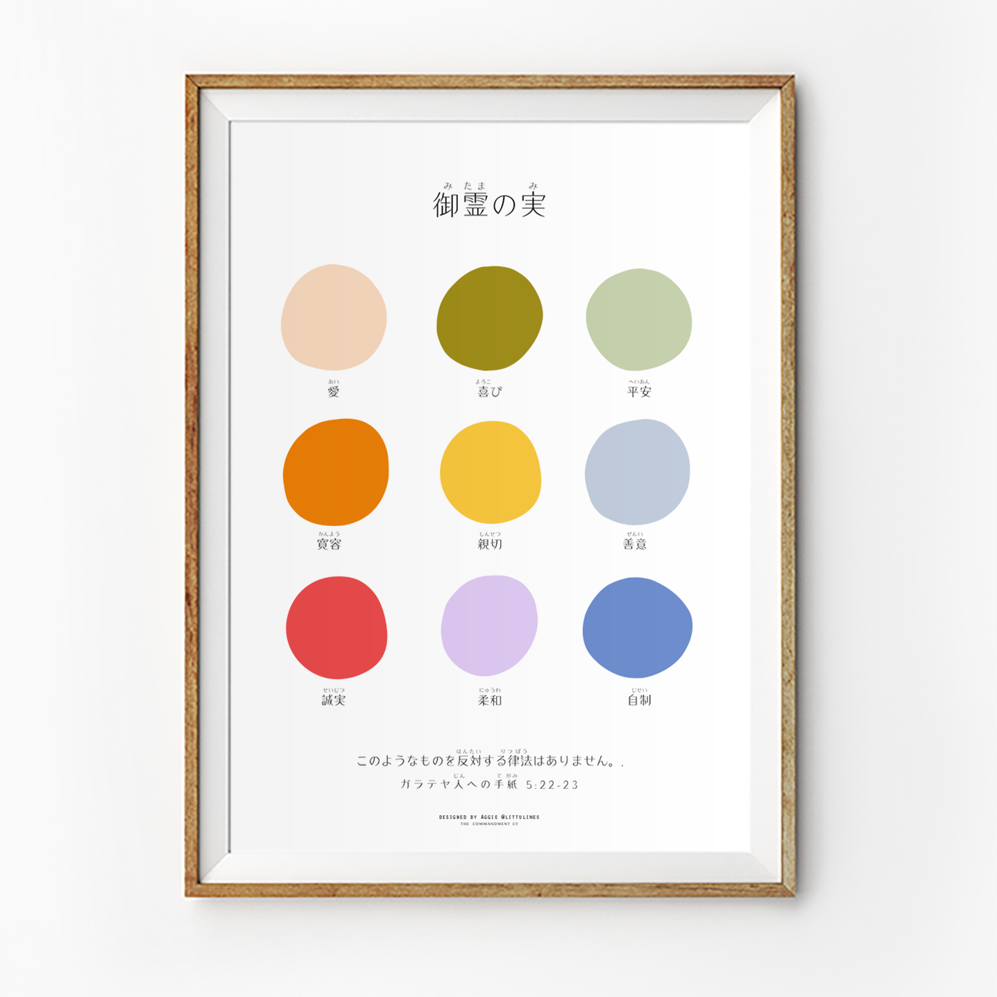 Minimalist "Fruits of the Spirit" poster by Littlulines featuring colorful abstract circles and Japanese text, perfect for Christian home decor and inspiring simple happiness.