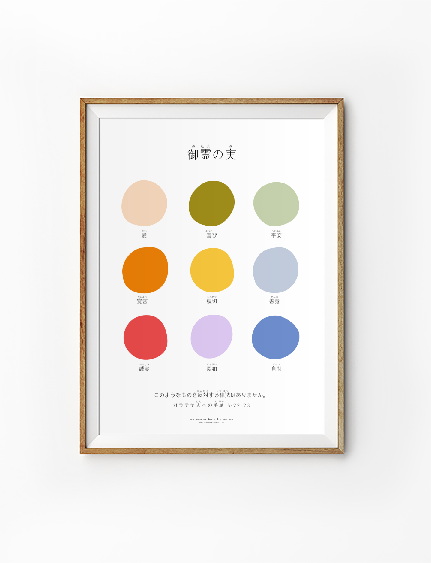 Minimalist "Fruits of the Spirit" poster by Littlulines featuring colorful abstract circles and Japanese text, perfect for Christian home decor and inspiring simple happiness.