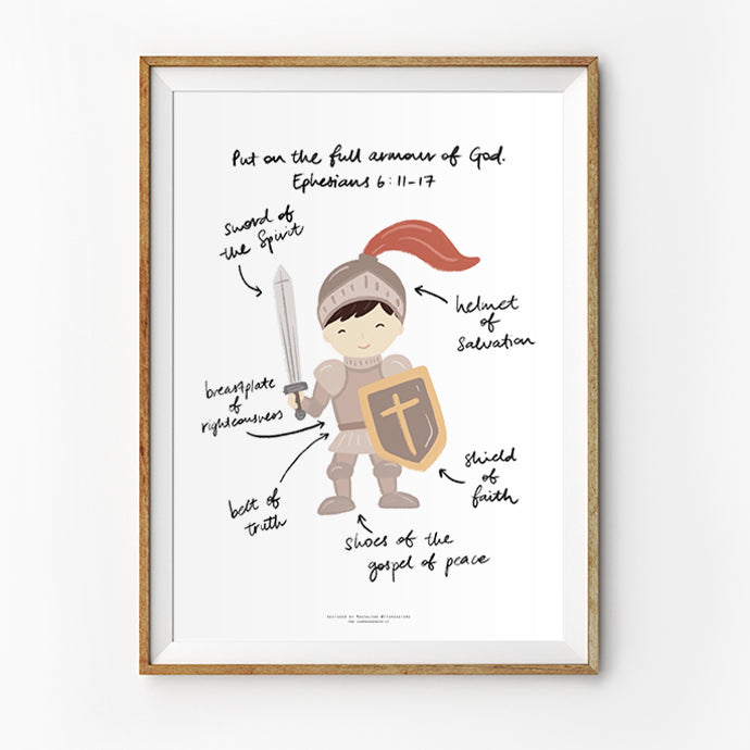 Christian kids wall art poster featuring a boy in the full armour of God with labelled pieces from Ephesians 6:11–17, including the sword of the Spirit, helmet of salvation, shield of faith, belt of truth, breastplate of righteousness, and shoes of the gospel of peace.