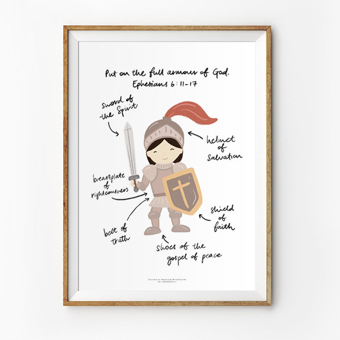 Christian kids wall art poster featuring a girl in the full armour of God with labelled pieces from Ephesians 6:11–17, including the sword of the Spirit, helmet of salvation, shield of faith, belt of truth, breastplate of righteousness, and shoes of the gospel of peace.