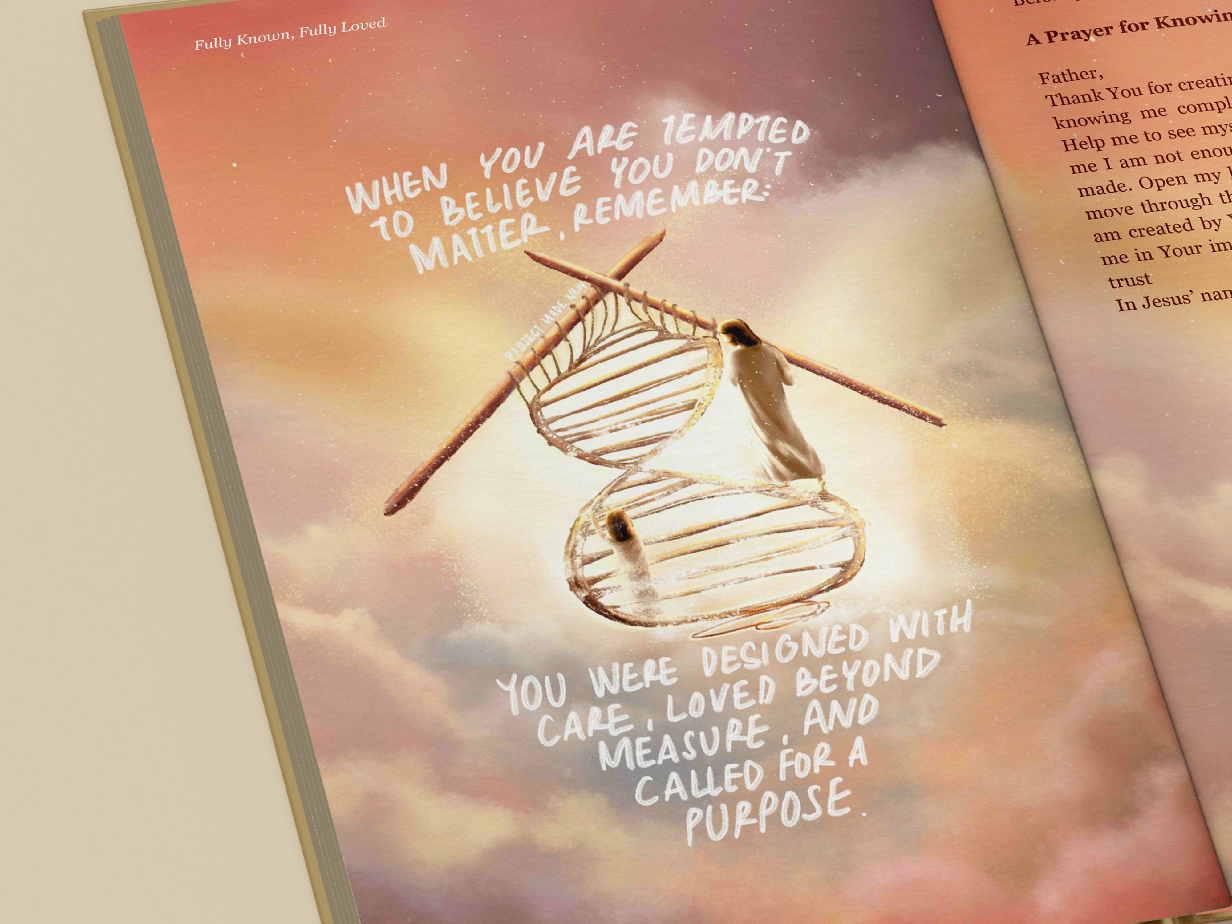 Inspirational page from Fully Known, Fully Loved book by Project Made New, featuring an uplifting illustration of Jesus on a DNA strand with the message, "You were designed with care, loved beyond measure, and called for a purpose."