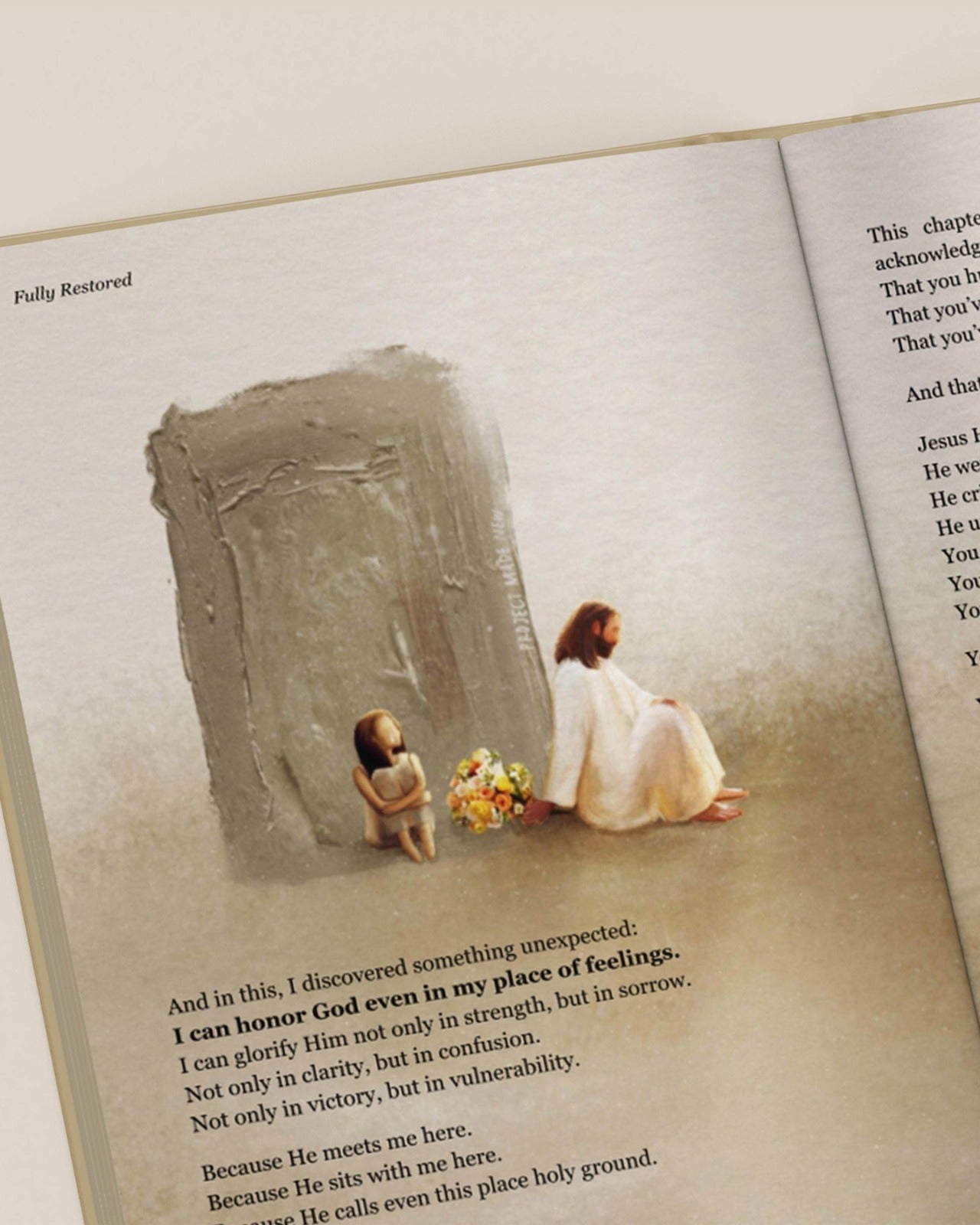 Christian devotional artwork of Jesus sitting beside a child in Fully Restored by Project Made New