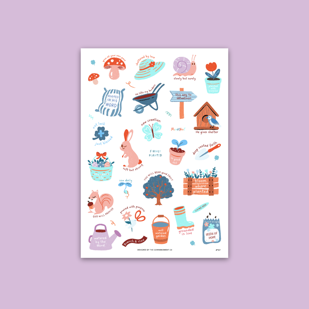 Garden Stickers Sticker Sheet with transparent background featuring faith-inspired garden and growth designs like “Rooted in His Word,” “Bloom Where Planted,” and “Seeds of Hope” by The Commandment Co.
