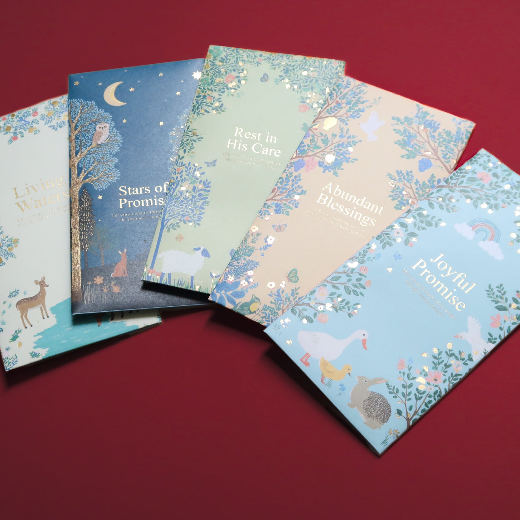 Gathered in Grace Christian ang bao full set flatlay showing all five faith-based Chinese New Year designs