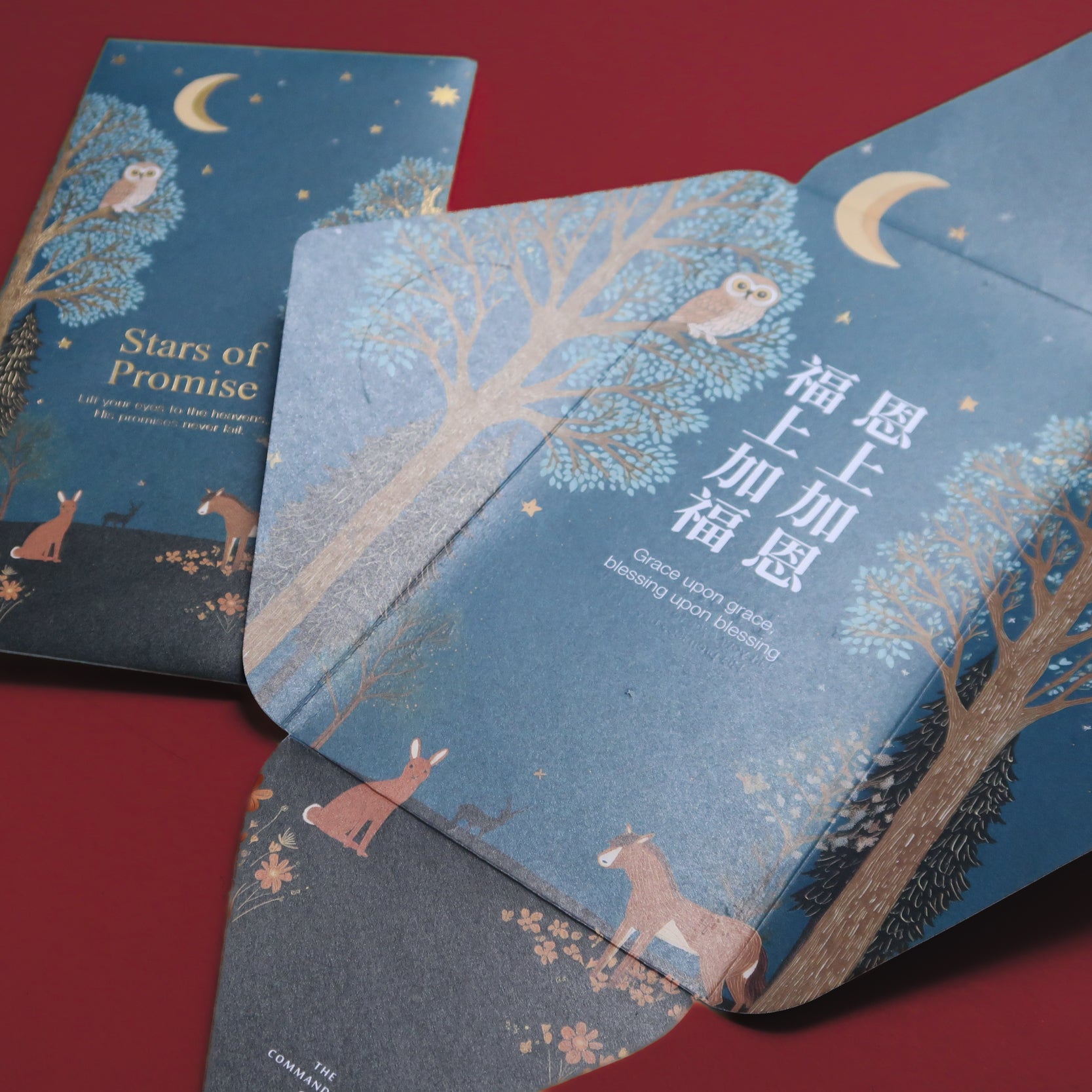 Stars of Promise Christian ang bao opened flat highlighting gold foil details and wall decoration feature