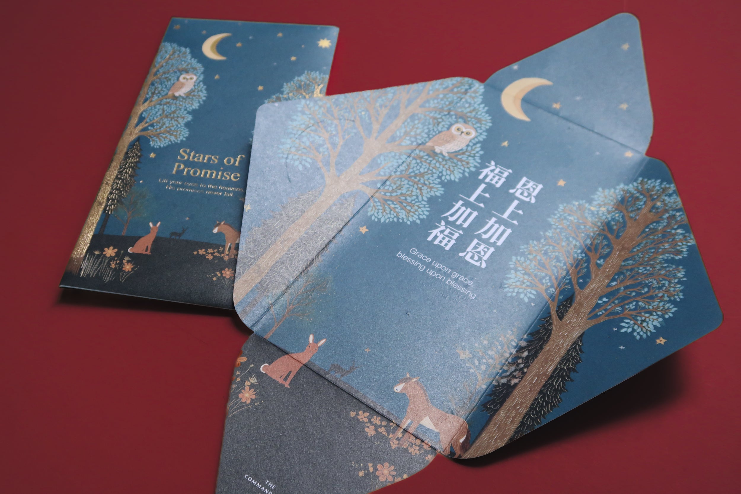 Stars of Promise Christian ang bao opened flat highlighting gold foil details and wall decoration feature