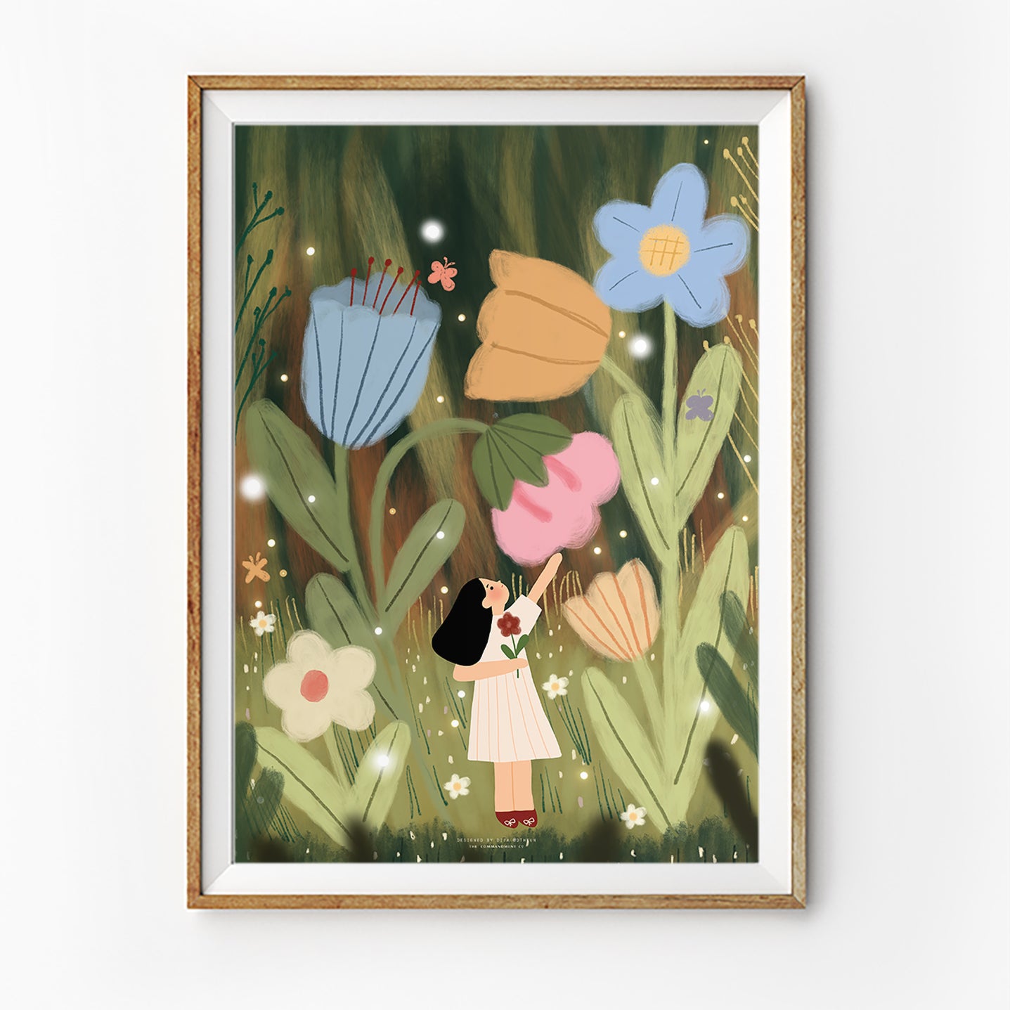 Whimsical Christian art poster featuring a girl standing among oversized flowers in a glowing garden, illustrated faith-inspired wall decor.