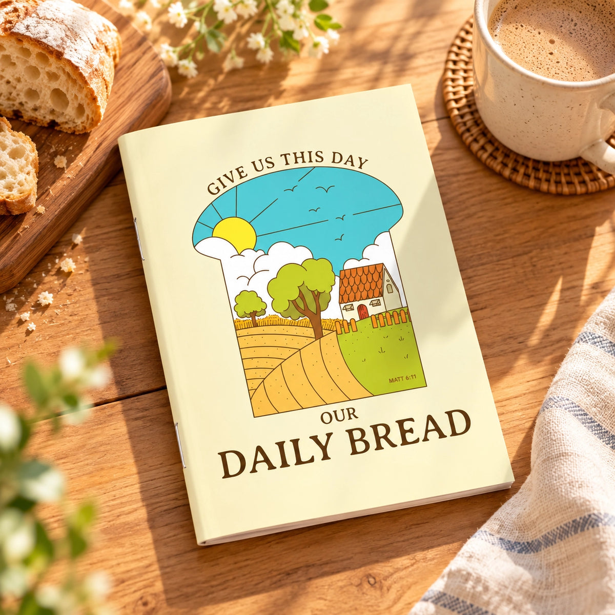 Give Us This Day Our Daily Bread A6 notebook styled on a wooden table with bread, flowers and coffee.