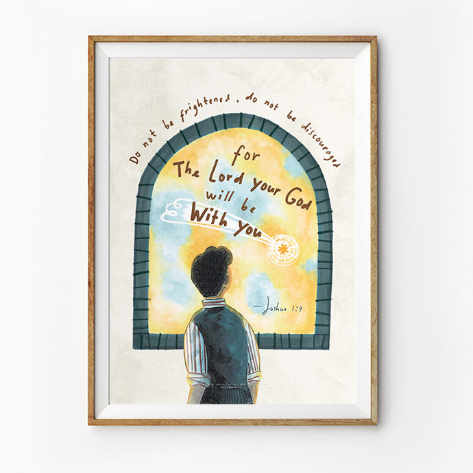 A contemplative illustration of a young individual gazing through an arched window with the text 'The Lord your God will be with you' from Joshua 1:9, beautifully crafted for spiritual encouragement, featured at a Christian Gifts Shop in Singapore.