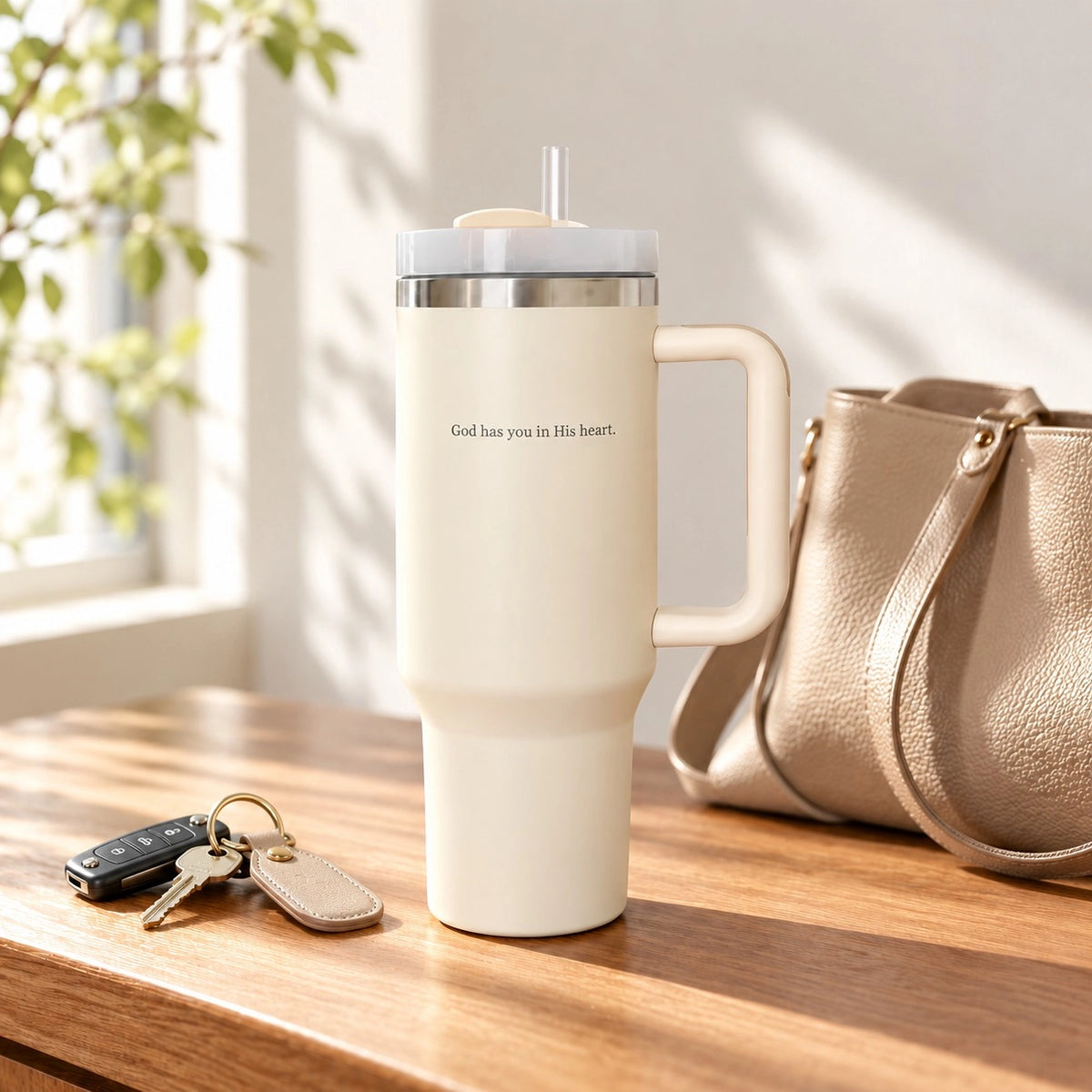 God Has You in His Heart cream insulated cup styled on a warm sunlit wooden table.