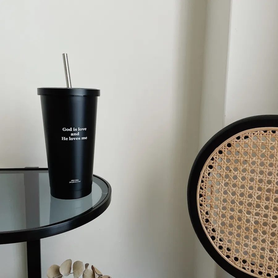 Reusable insulated tumbler with metal straw and scripture-inspired design