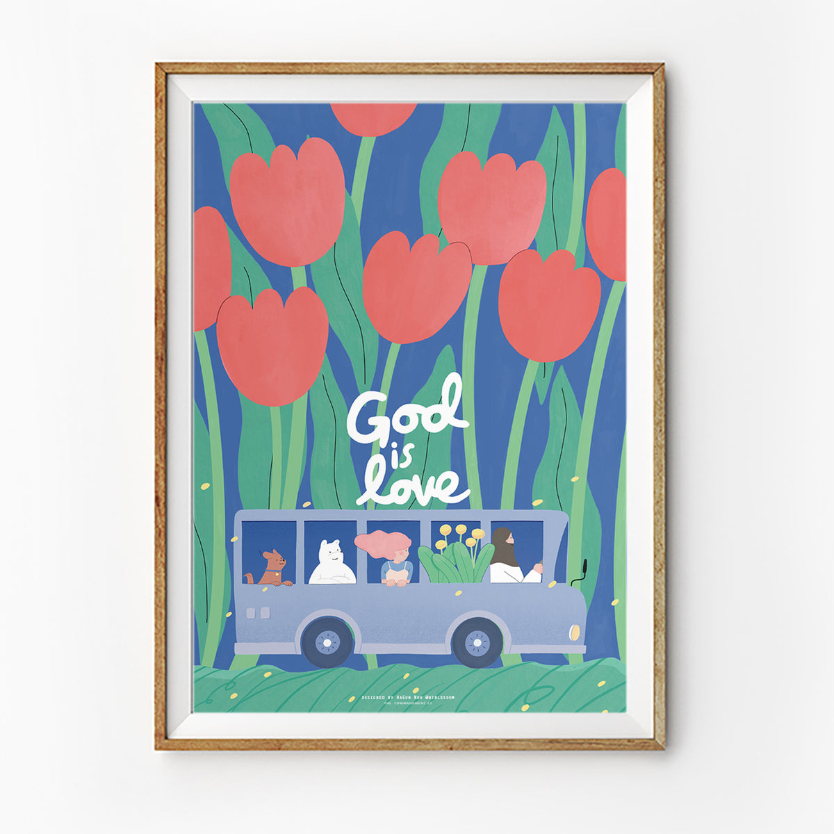 “God is Love” Christian poster with tulip flowers and illustrated bus, faith-based wall decor.