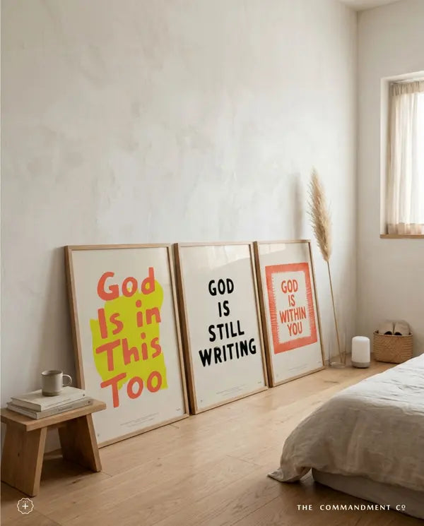 God Is Within You poster displayed with two Christian prints in a warm neutral bedroom