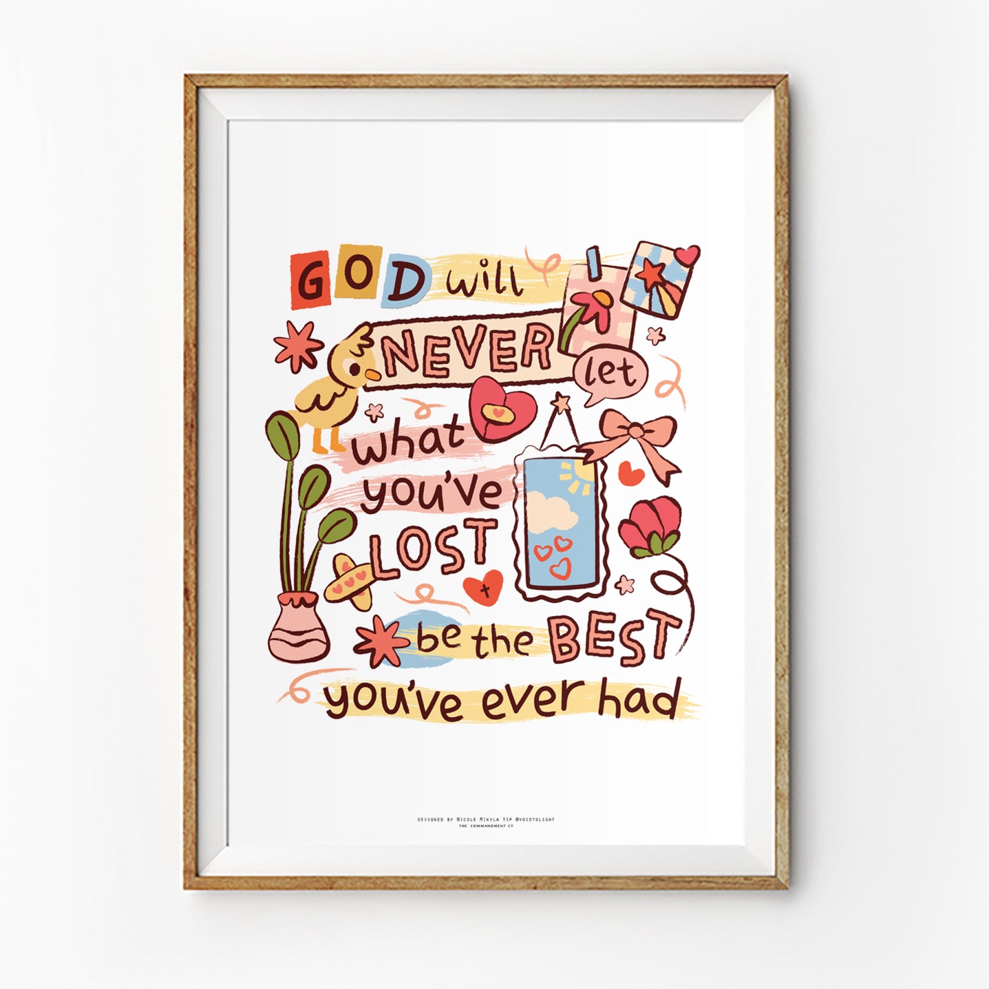 Christian poster featuring “God will never let what you’ve lost be the best you’ve ever had” with colourful illustrated details