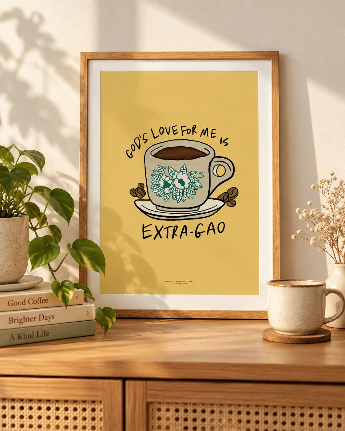 God's Love for Me is Exra-Gao Christian poster framed on a wooden console in a warm sunlit interior.