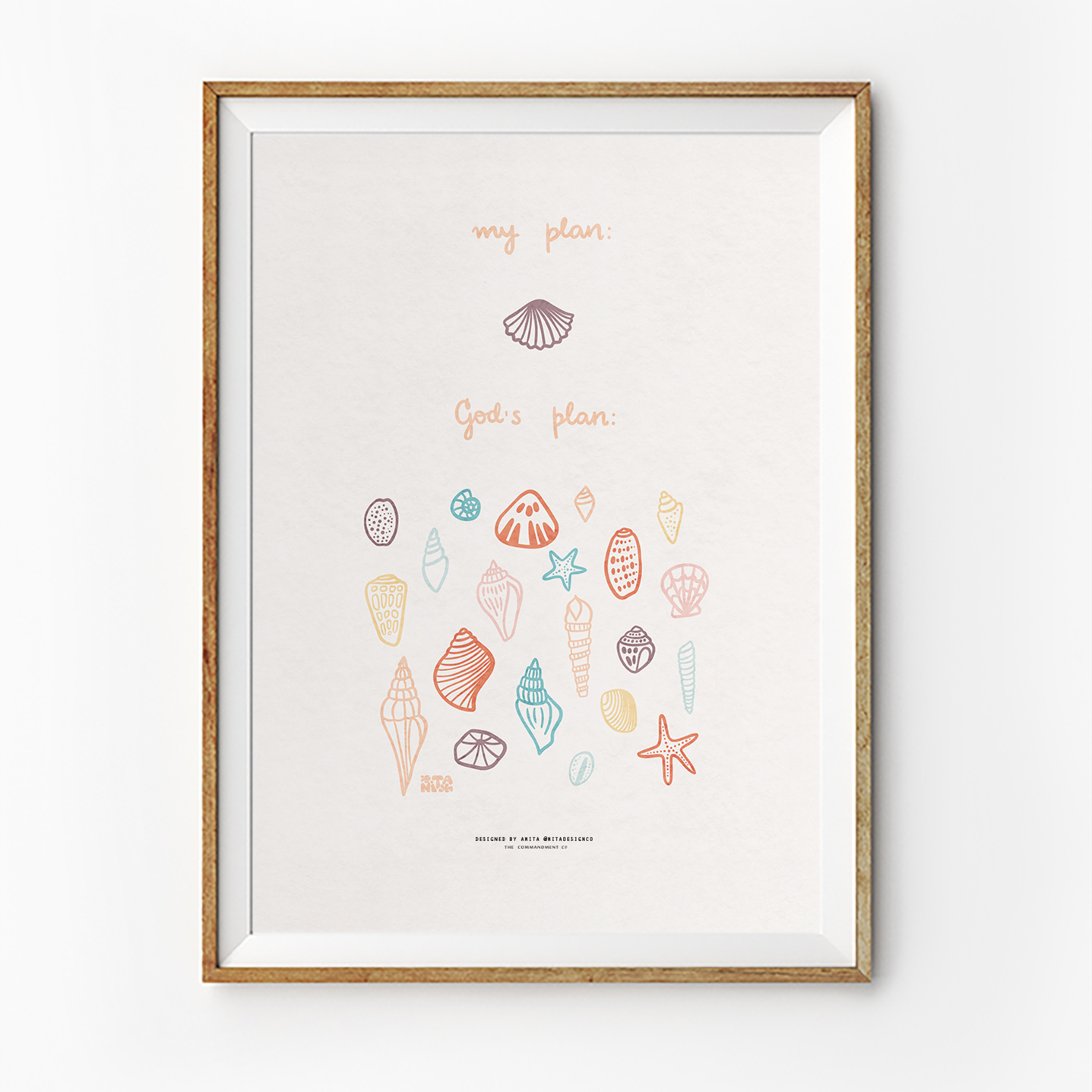 Uplifting "God's plan" poster in a wooden frame, featuring a single seashell labeled "my plan" and a colorful collection of seashells and starfish labeled "God's plan," celebrating Christian faith and simple happiness.