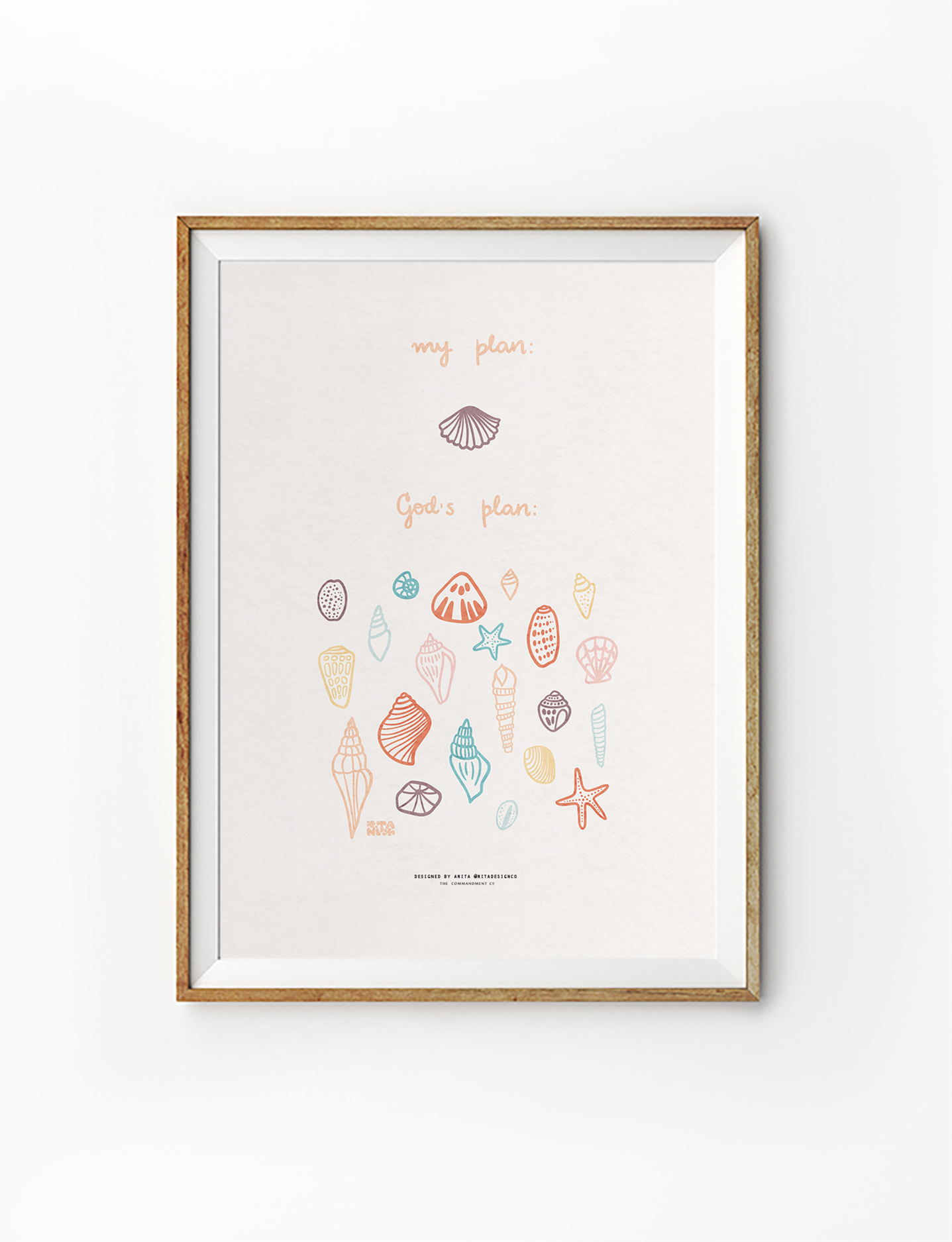 Uplifting "God's plan" poster in a wooden frame, featuring a single seashell labeled "my plan" and a colorful collection of seashells and starfish labeled "God's plan," celebrating Christian faith and simple happiness.