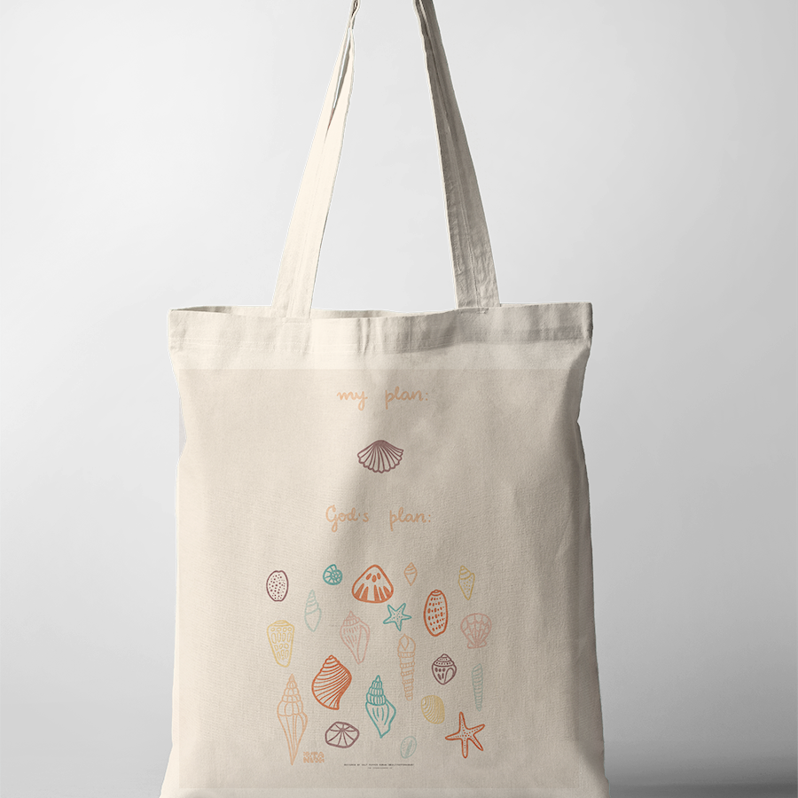 seashell tote bag labeled "my plan" and a colorful collection of seashells and starfish labeled "God's plan," celebrating Christian faith and simple happiness.