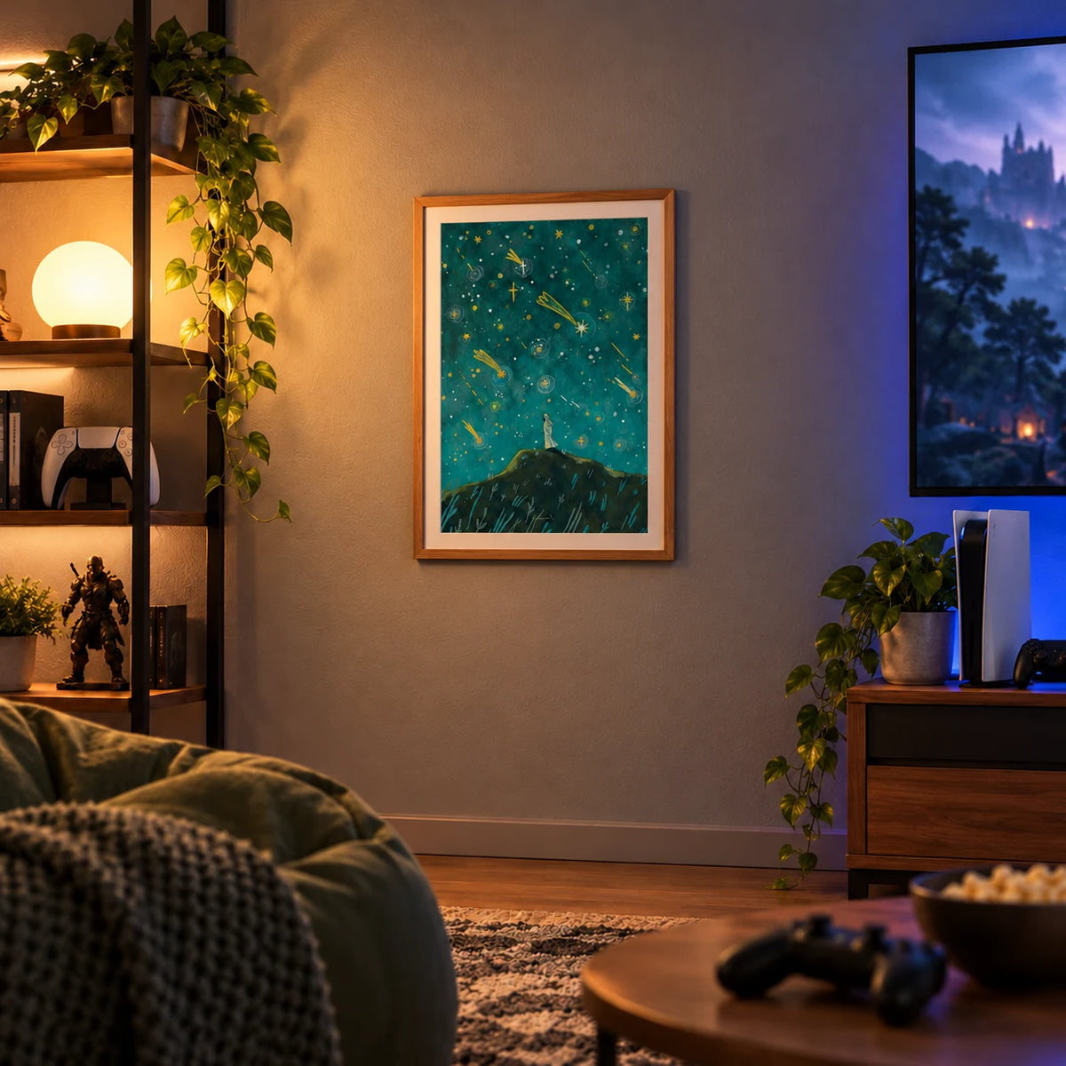 God's Promise to Abraham night sky illustrated framed poster displayed in a cosy gaming room