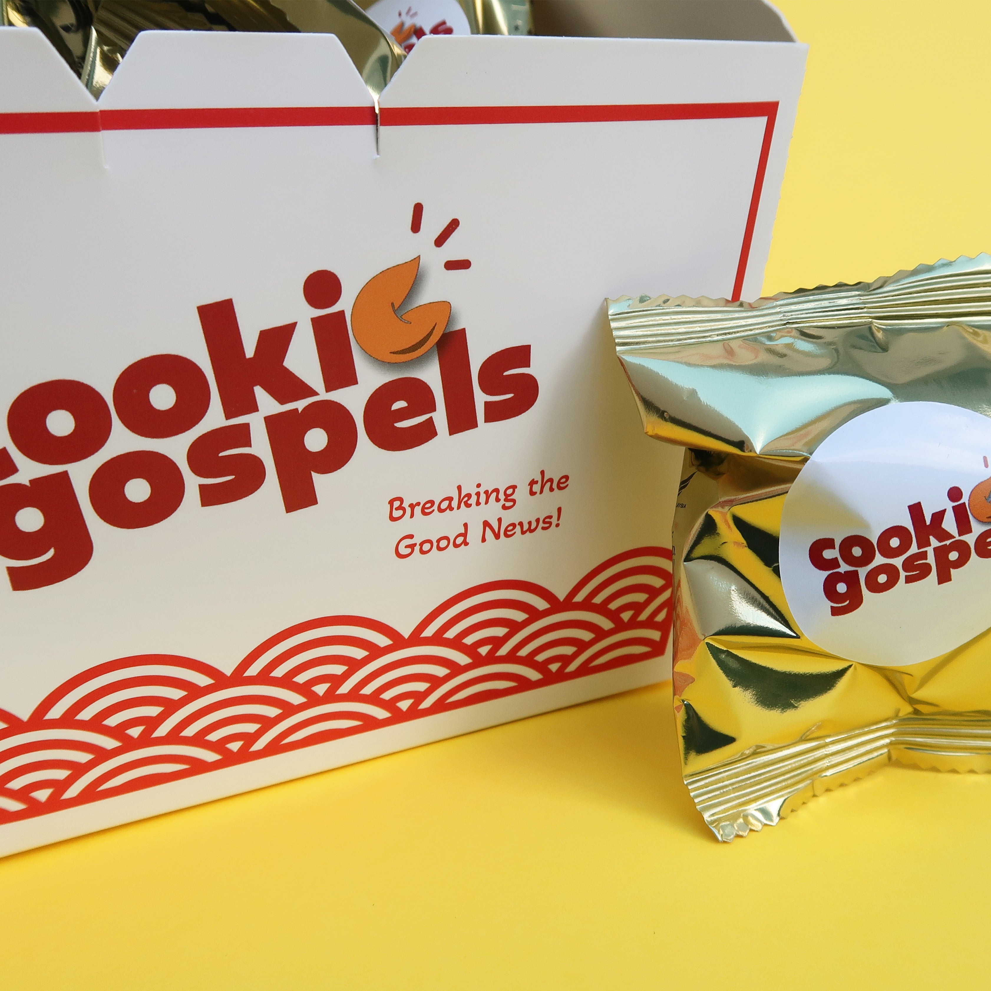 Gospel Cookies Christian fortune cookie gift box with individually wrapped gold cookie