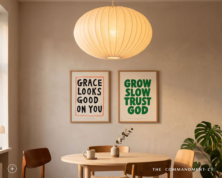 Grace Looks Good on You poster styled in a warm dining room