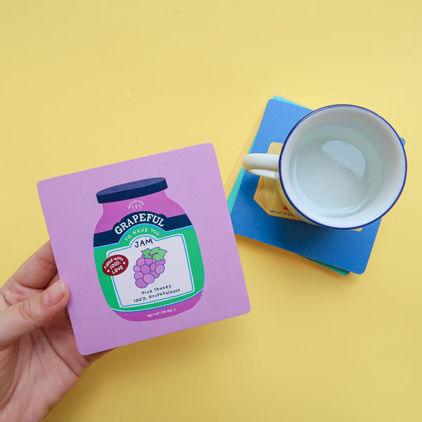 Colourful Love Supermarket Christian coaster collection including Grapeful Jam.