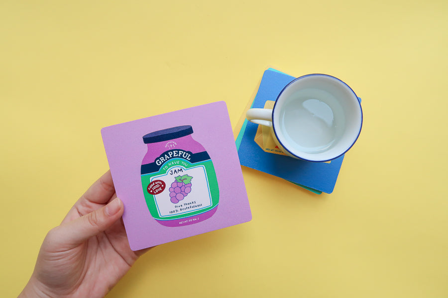 Colourful Love Supermarket Christian coaster collection including Grapeful Jam.