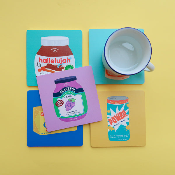 Grocery-inspired Christian coaster collection featuring playful faith messages.