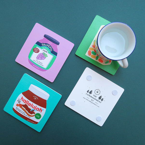 Colourful Christian coaster assortment with church, prayer and encouragement themes.