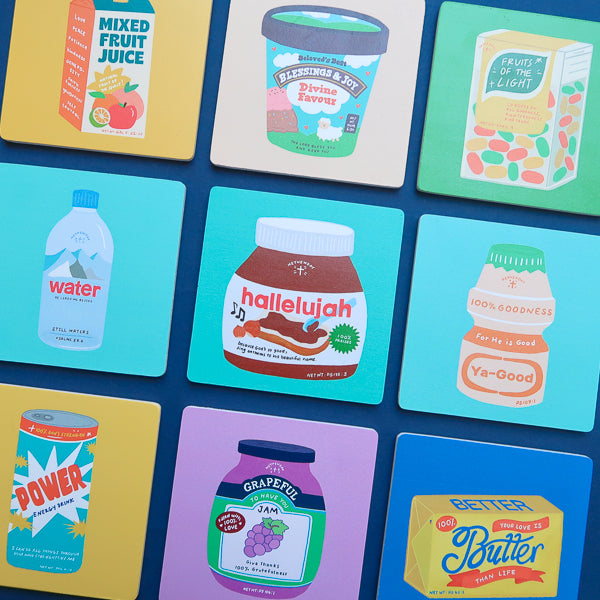 Grocery-item-inspired Christian quote coasters from the Love Supermarket collection.