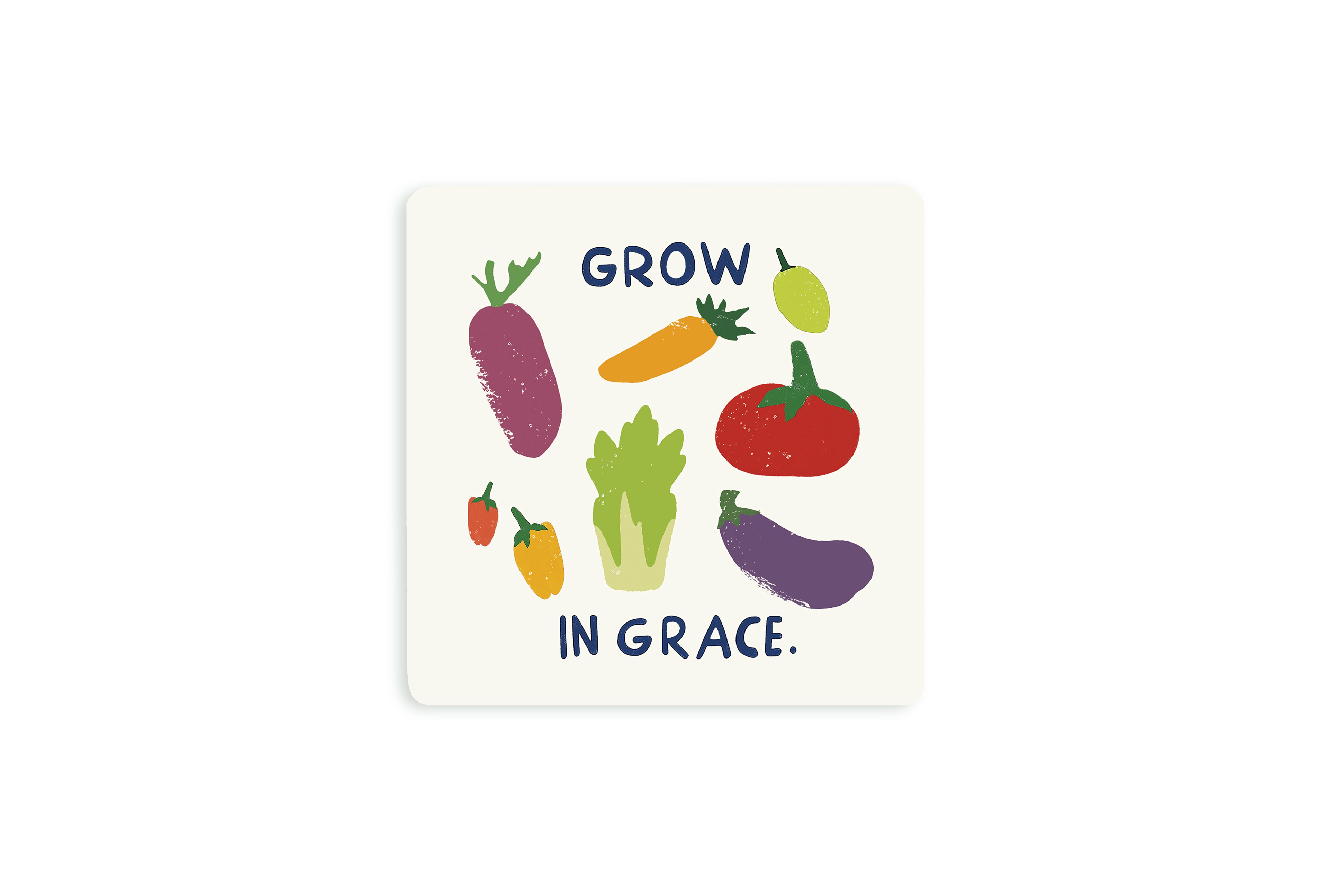Christian coaster featuring colorful illustrated vegetables with the phrase “Grow in Grace,” inspired by 2 Peter 3:18.