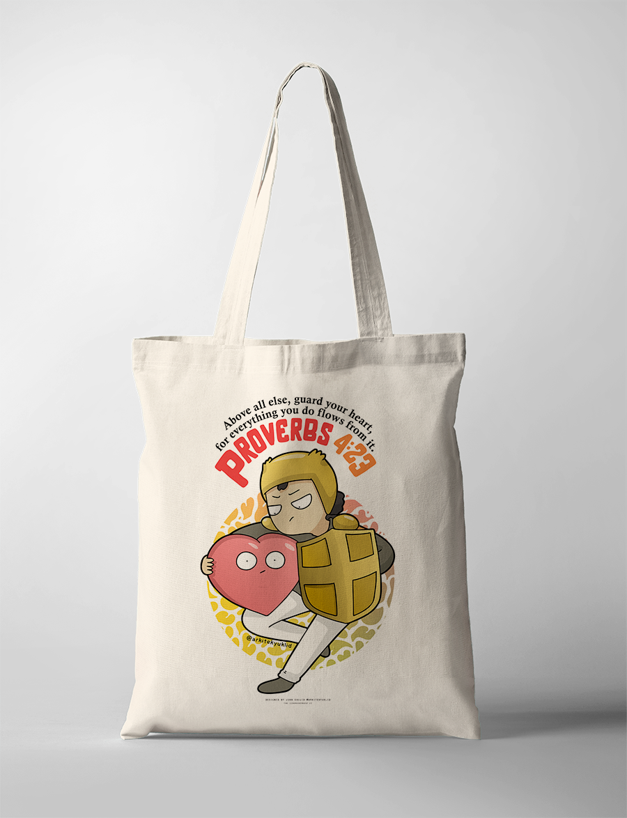 Christian tote bag with 'Guard Your Heart' message from Proverbs 4:23 in minimalist style.