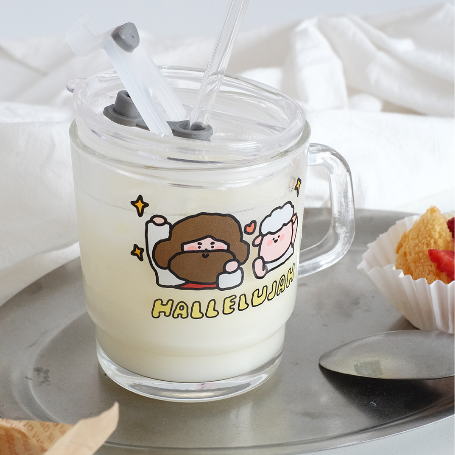 Hallelujah Glass Cup with lid and straw, perfect for hot and cold drinks